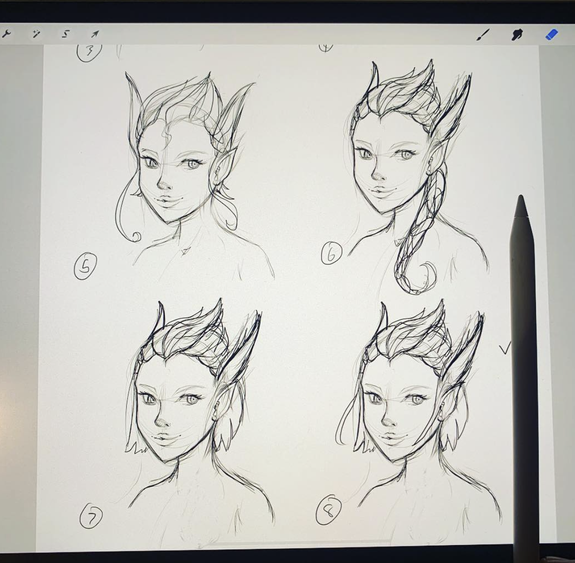 Six numbered pencil studies of an elf character head, drawn on a tablet